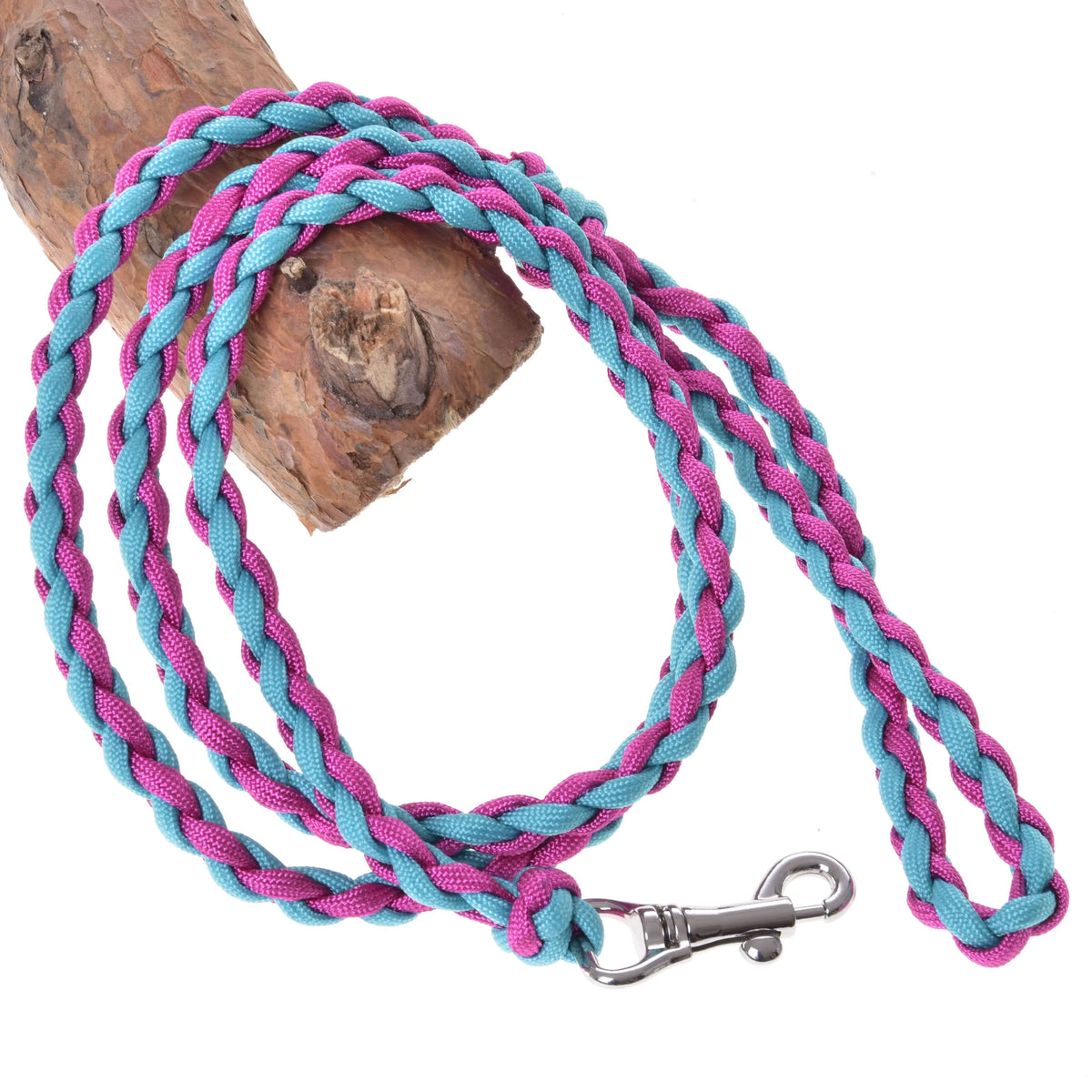 Gebreid halstertouw Pinkie-Blue van LarDen voor Hobby Horse, roze en turquoise gevlochten koord met zilveren musketonhaak