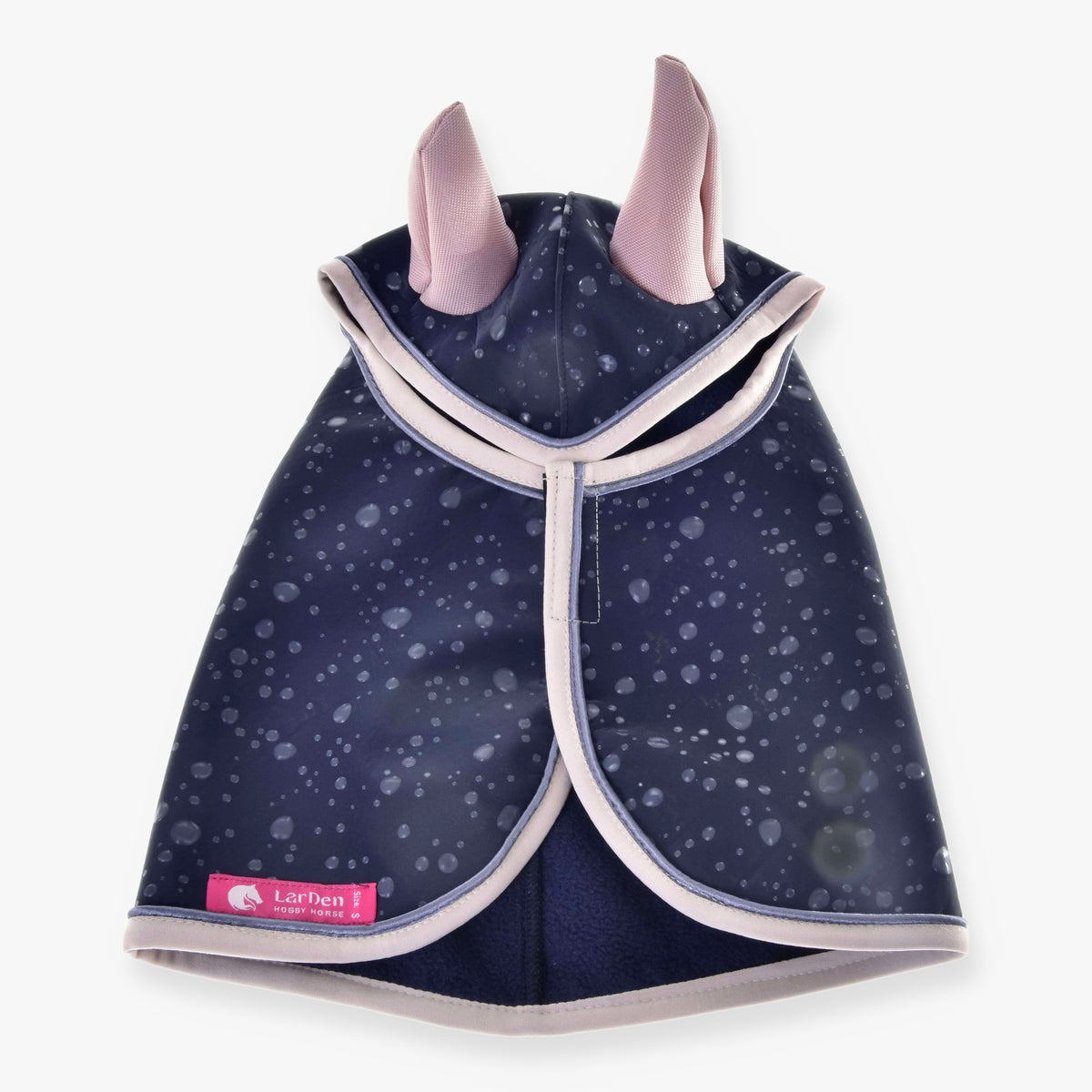 Hobby Horse Raincoat Pinkie Blue (softshell) by LarDen from above, navy with pale drops, dusty pink ears and blush binding