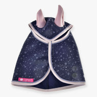 Hobby Horse regenjas Pinkie Blue (softshell) van LarDen van bovenaf, marineblauw met lichte druppels, oudroze oren en poederroze bies