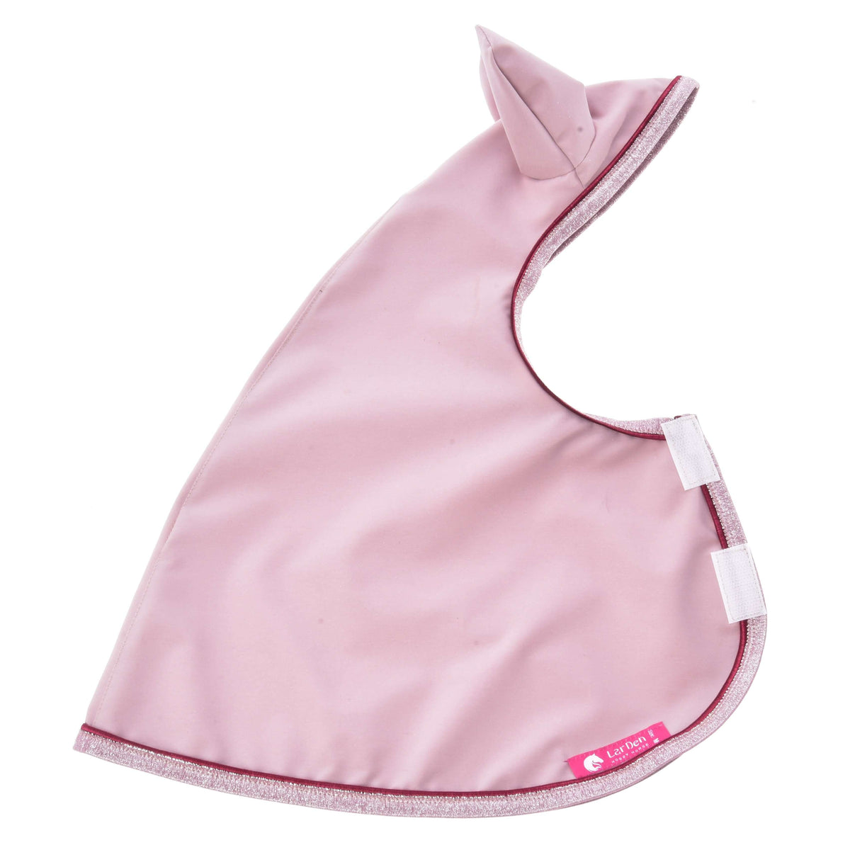 Imperméable Veloria pour Hobby Horse à plat vu de côté, pattes de fermeture blanches, passepoil bordeaux et étiquette rose LarDen