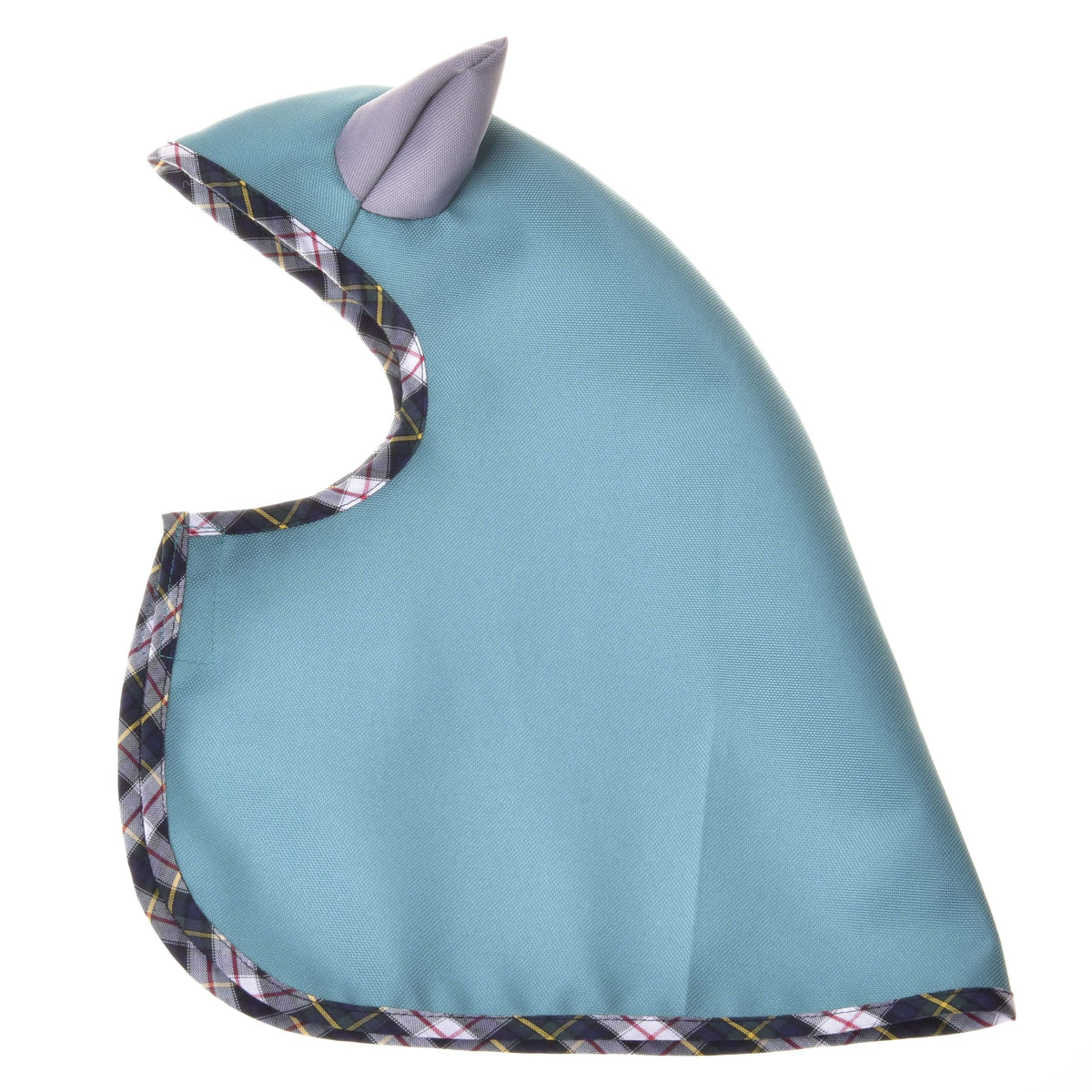 Imperméable d'été Émeraude pour Hobby Horse posé à plat, vert d'eau avec bordure écossaise et oreille grise en tissu