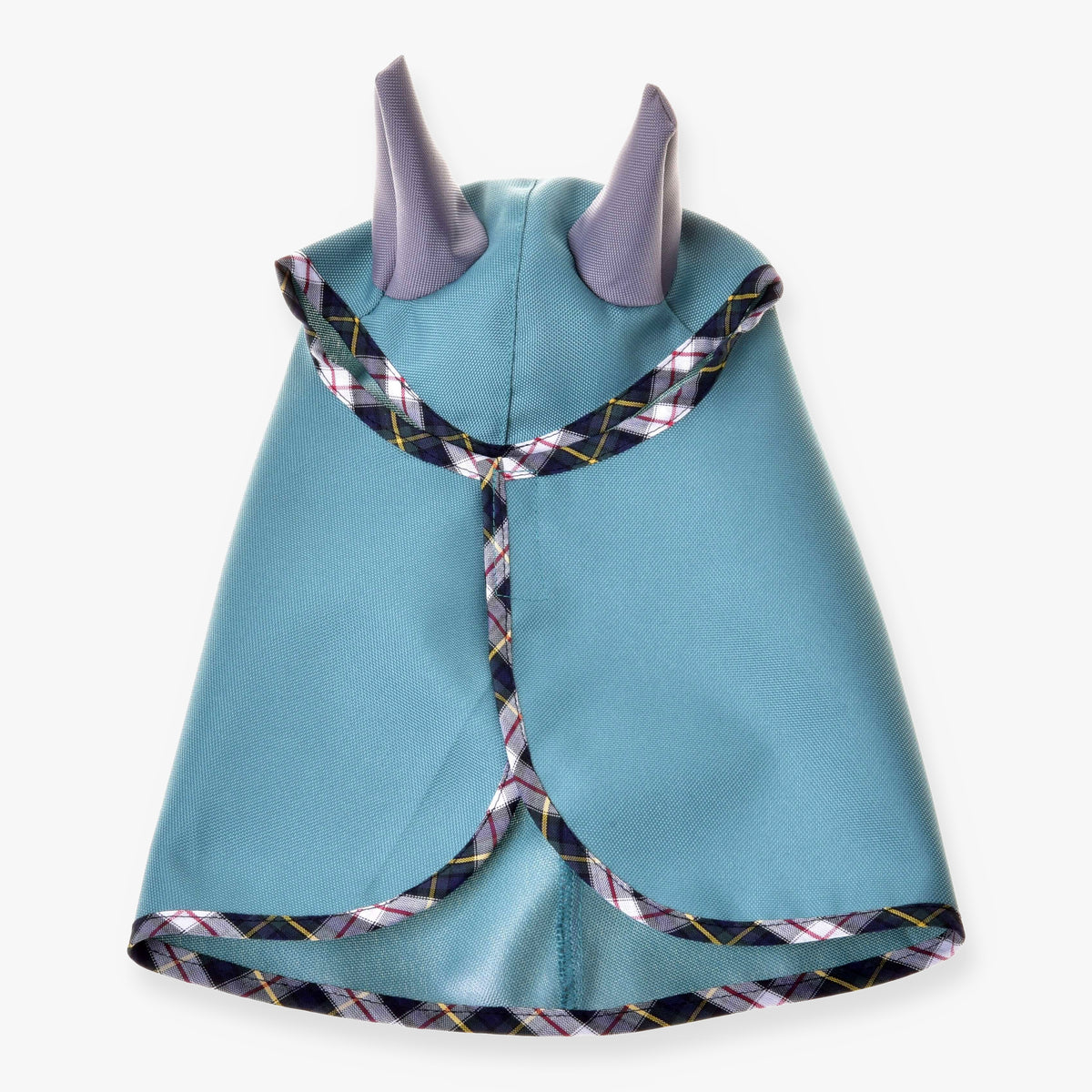 Imperméable d'été Émeraude de LarDen pour Hobby Horse vert d'eau avec capuche, deux oreilles grises en tissu et bordure tartan, vu de dessus