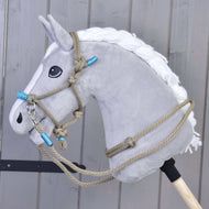Grey Hobby Horse with a white braided mane wearing the Rope set Nature Blue: beige rope halter with blue wraps and reins