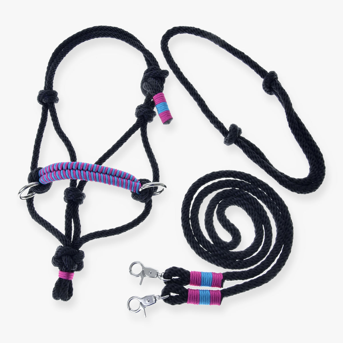 Ensemble de corde Princess de LarDen pour Hobby Horse : licol en corde noir, cordéo et rênes à détails tressés rose et turquoise