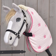 Grey Hobby Horse with a blond mane and black halter wearing the pale pink Stable Blanket Rosy with embroidered flowers