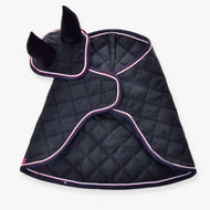 Hobby Horse Set Royal by LarDen: black diamond-quilted blanket and ear bonnet with navy, red and white trim
