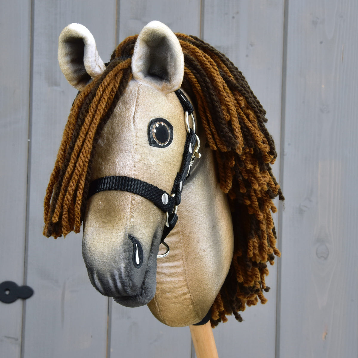 Hobby Horse Ruby vu de face, avec oreilles beiges, toupet en fil rouille et marron foncé et licol noir