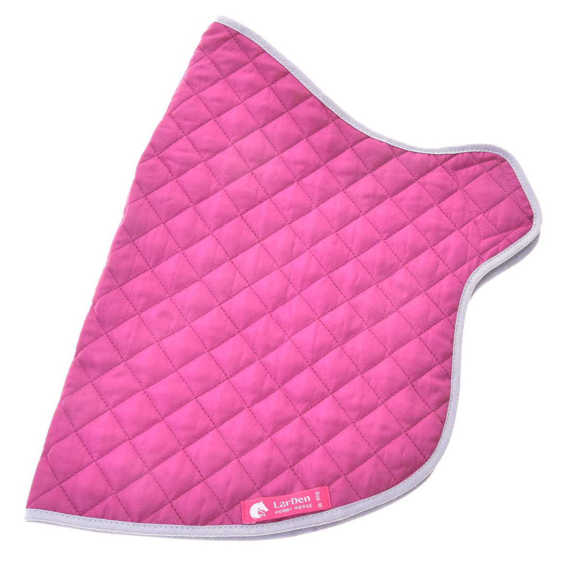 Buitenkant van de gewatteerde felroze deken voor Hobby Horse met zilveren bies en roze LarDen-label aan de zoom
