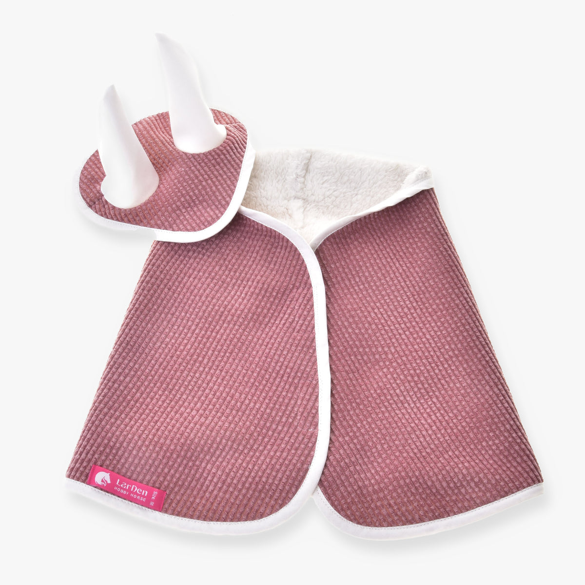 Hobby Horse Set Manchester Tea Rose by LarDen: dusty pink textured blanket with fleece lining and ear bonnet with white ears