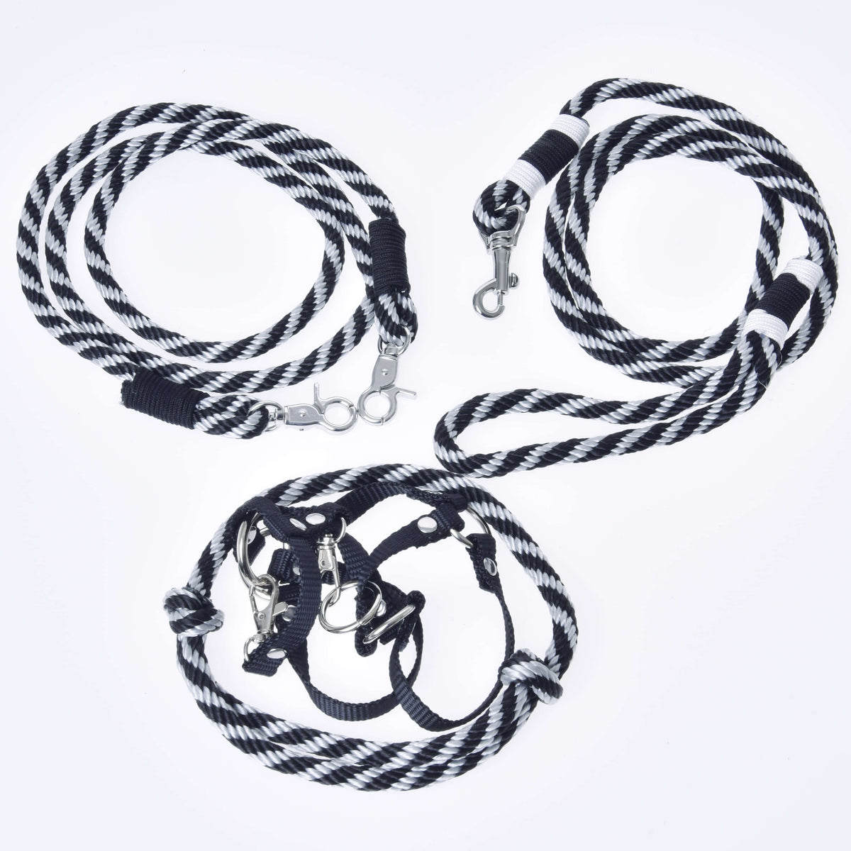 Hobby Horse Set Start Black by LarDen: black halter, cordeo, lead rope and reins in black and white striped rope