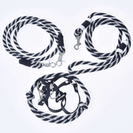 Hobby Horse Set Start Black by LarDen: black halter, cordeo, lead rope and reins in black and white striped rope