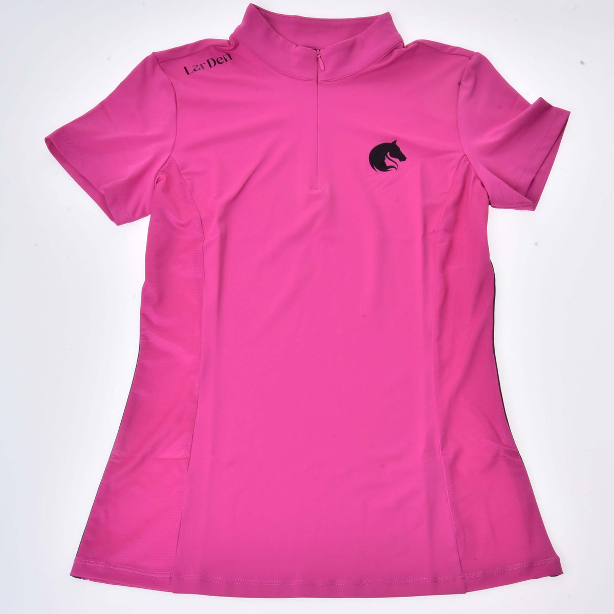 Pink Hobby Horse T-Shirt laid flat: short sleeves, stand-up collar with zip, black LarDen lettering and horse head logo