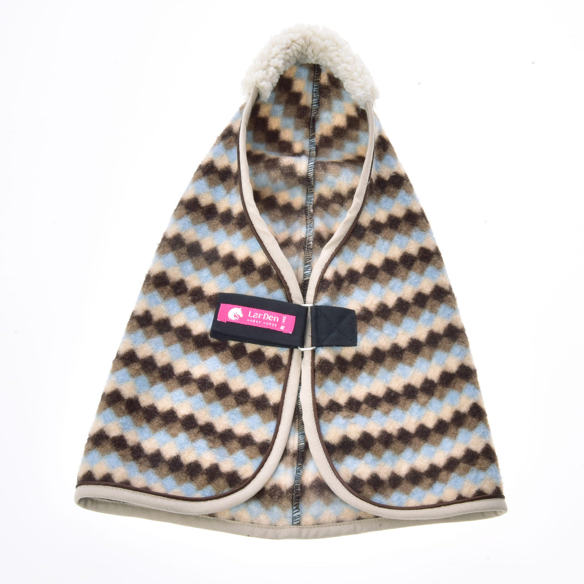 Front view of the Stable Blanket Pastel Argyle for Hobby Horse with the chest strap, pink LarDen label and cream fleece collar