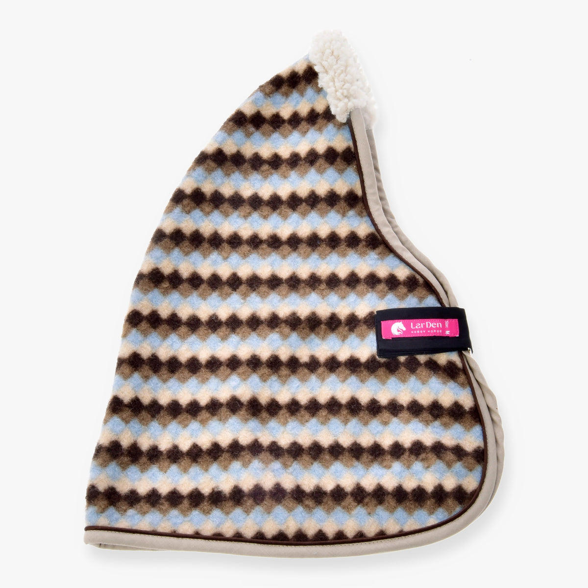 Hobby Horse Stable Blanket Pastel Argyle by LarDen in fleece with rows of brown, cream and light blue diamonds, cream collar