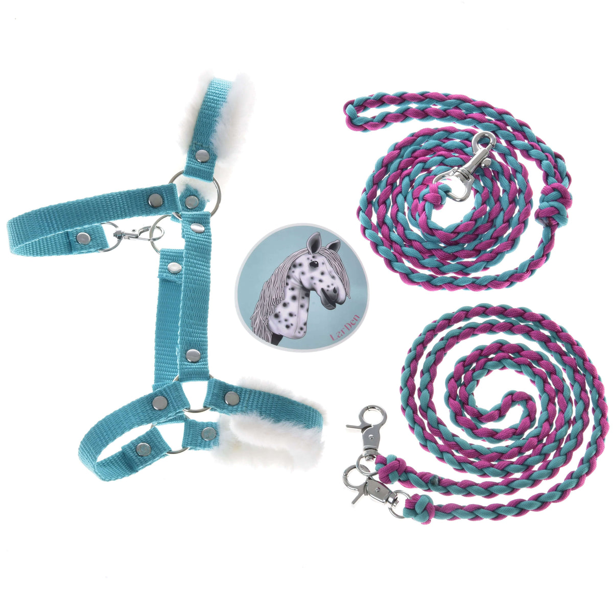 Hobby Horse Set Perfect Combination Turquoise by LarDen: turquoise fur halter, braided lead rope, reins and sticker