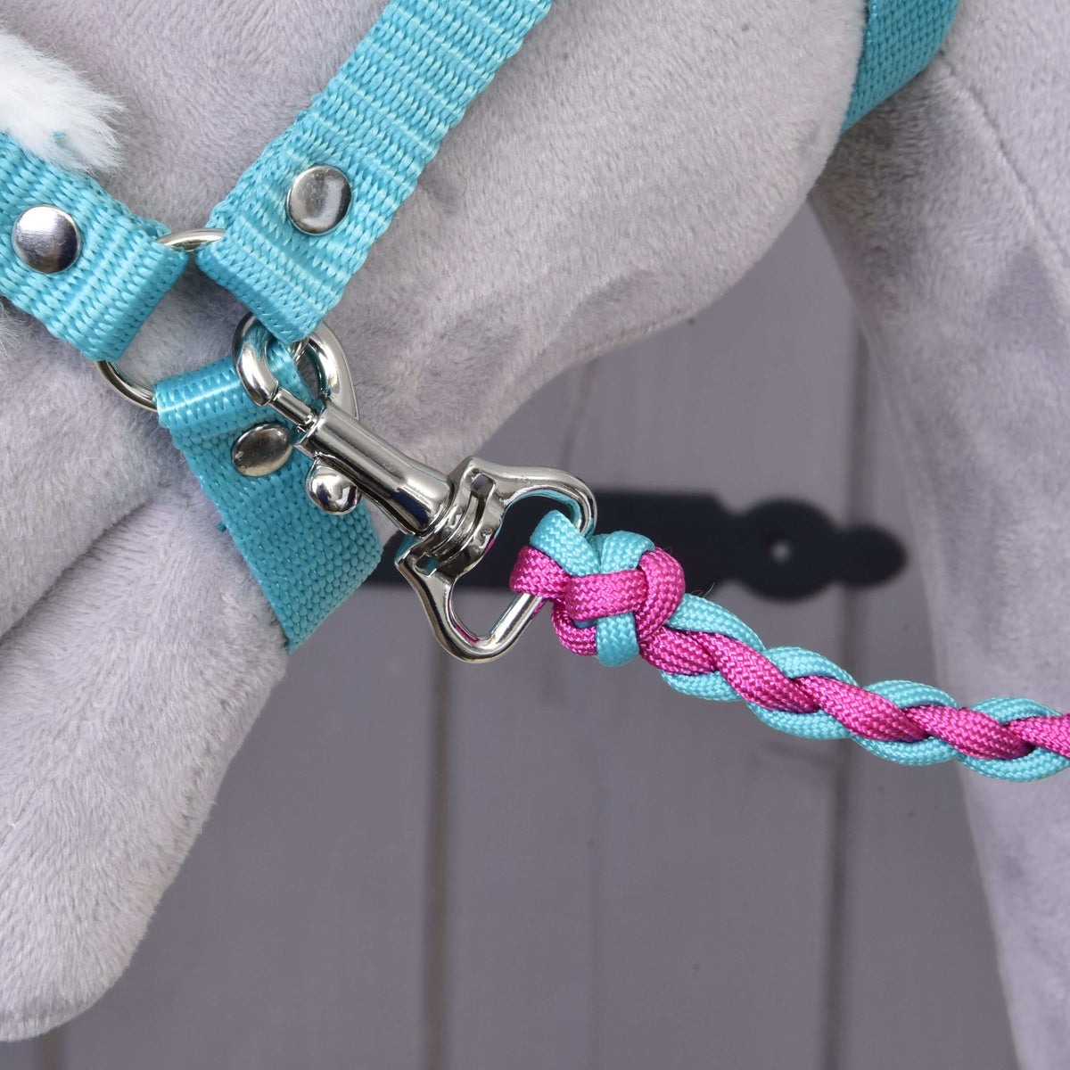 Silver snap hook linking the turquoise halter to a braided pink and turquoise rope on a grey Hobby Horse