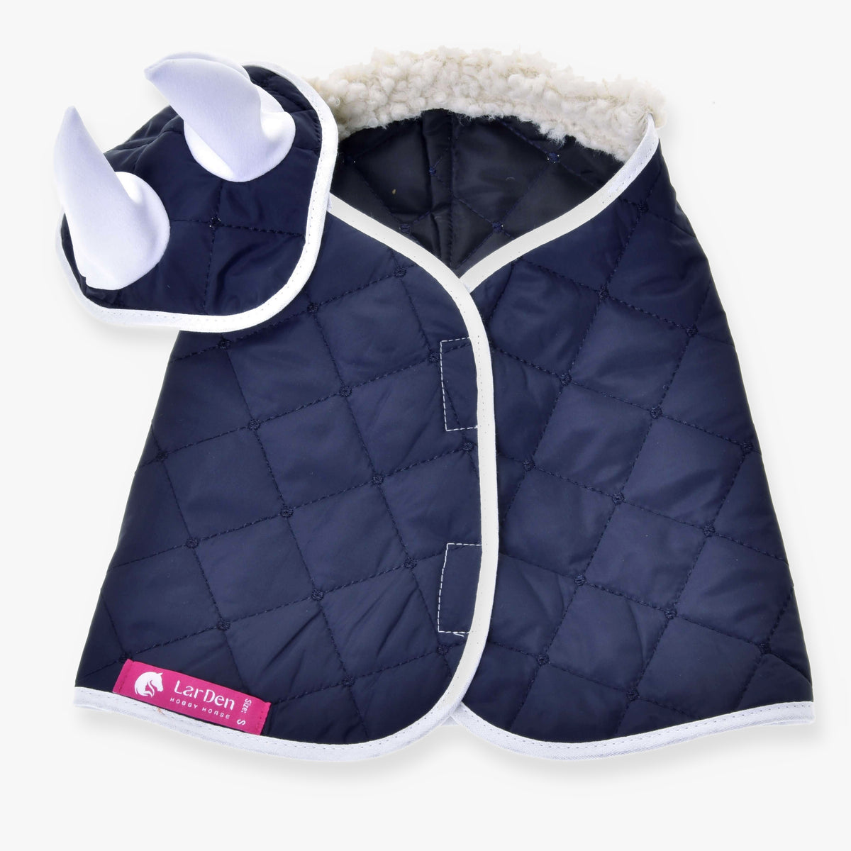 Ensemble Thermo Blue LarDen pour Hobby Horse, couverture matelassée bleu marine à col polaire crème et bonnet d’oreilles aux oreilles blanches