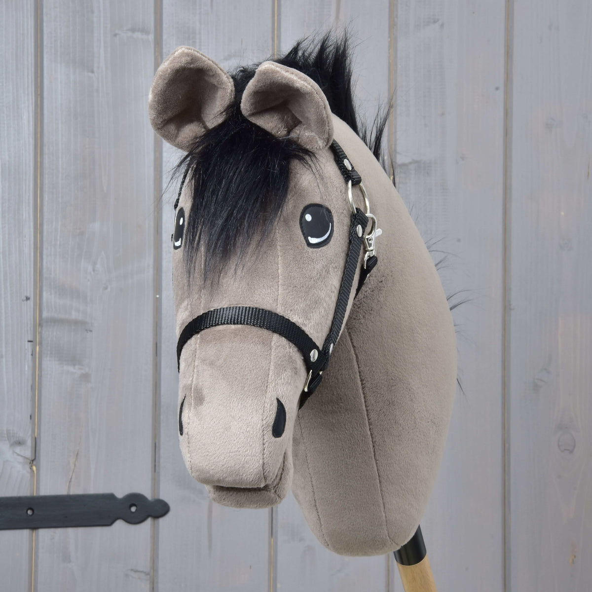 Vooraanzicht van Hobby Horse Thor met pluizige zwarte voorlok tussen grijsbruine oren en zwarte halster