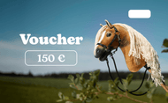 Bon cadeau Hobby Horse €150 de LarDen avec une tête en peluche alezane en bride noire et le montant 150 € en blanc