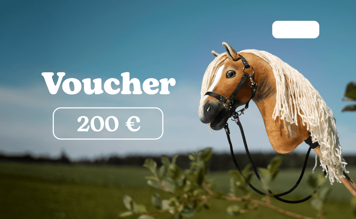 Hobby Horse Voucher €200 by LarDen: chestnut plush head with white blaze and cream mane, 200 € in white on blue sky