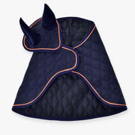 Hobby Horse Set Winner by LarDen, navy quilted blanket and matching ear bonnet with orange piping laid flat