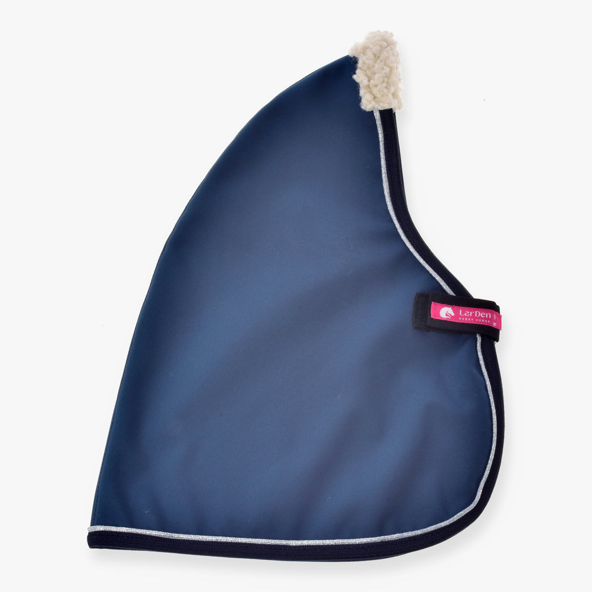 Couverture d'écurie Winter Sky de LarDen pour Hobby Horse bleu pétrole, bordure marine, passepoil argent pailleté et col en polaire crème
