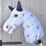 Hobby Horse protective suit Andromeda (Lycra) by LarDen on a grey head, blue and white stripes, red lobsters and navy ears
