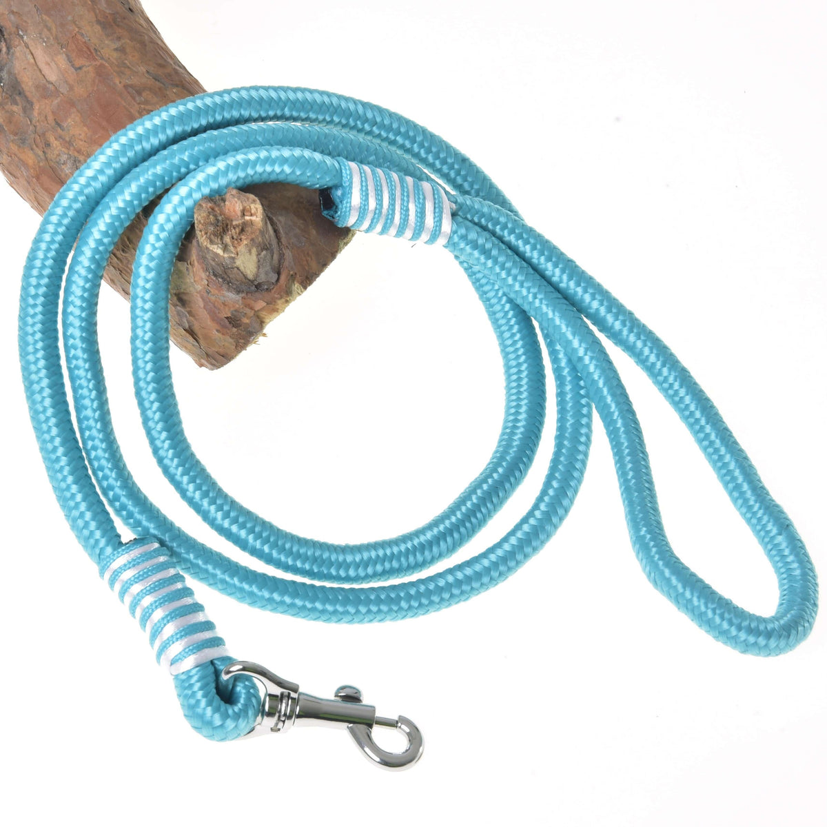 Longe rayée Atlantis pour Hobby Horse de LarDen, corde turquoise à enroulements rayés blancs et mousqueton argenté