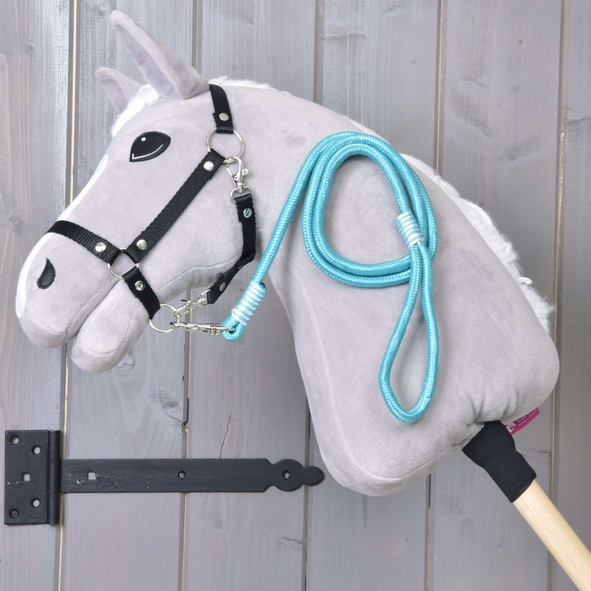 Hobby Horse gris clair avec licol noir et longe rayée Atlantis turquoise posée sur l’encolure