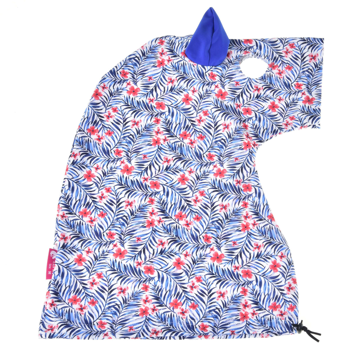 Avatar protective suit laid flat from the side, blue leaf and red flower print with a royal blue ear and an eye opening