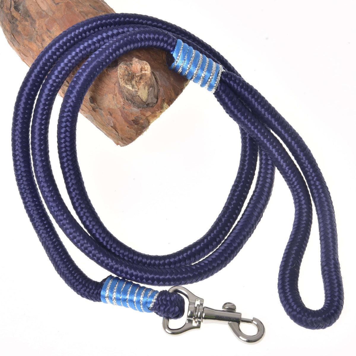Longe rayée Blues pour Hobby Horse de LarDen, corde bleu marine à enroulements bleu clair et argent et mousqueton argenté
