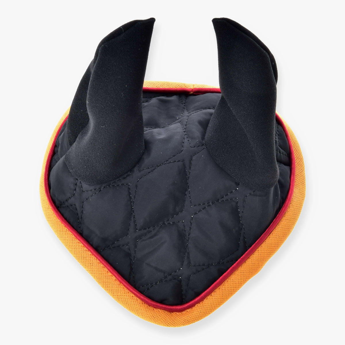 Bonnet d’oreilles Flag DE de LarDen pour Hobby Horse, matelassé noir avec oreilles noires, passepoil rouge et bord jaune or