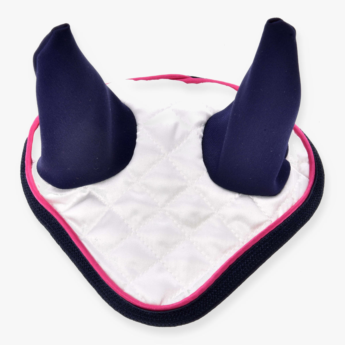 Hobby Horse Ear Bonnet Number 1 by LarDen in white quilted satin with navy ear covers, pink piping and navy binding