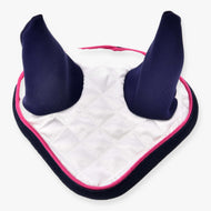 Hobby Horse Ear Bonnet Number 1 by LarDen in white quilted satin with navy ear covers, pink piping and navy binding