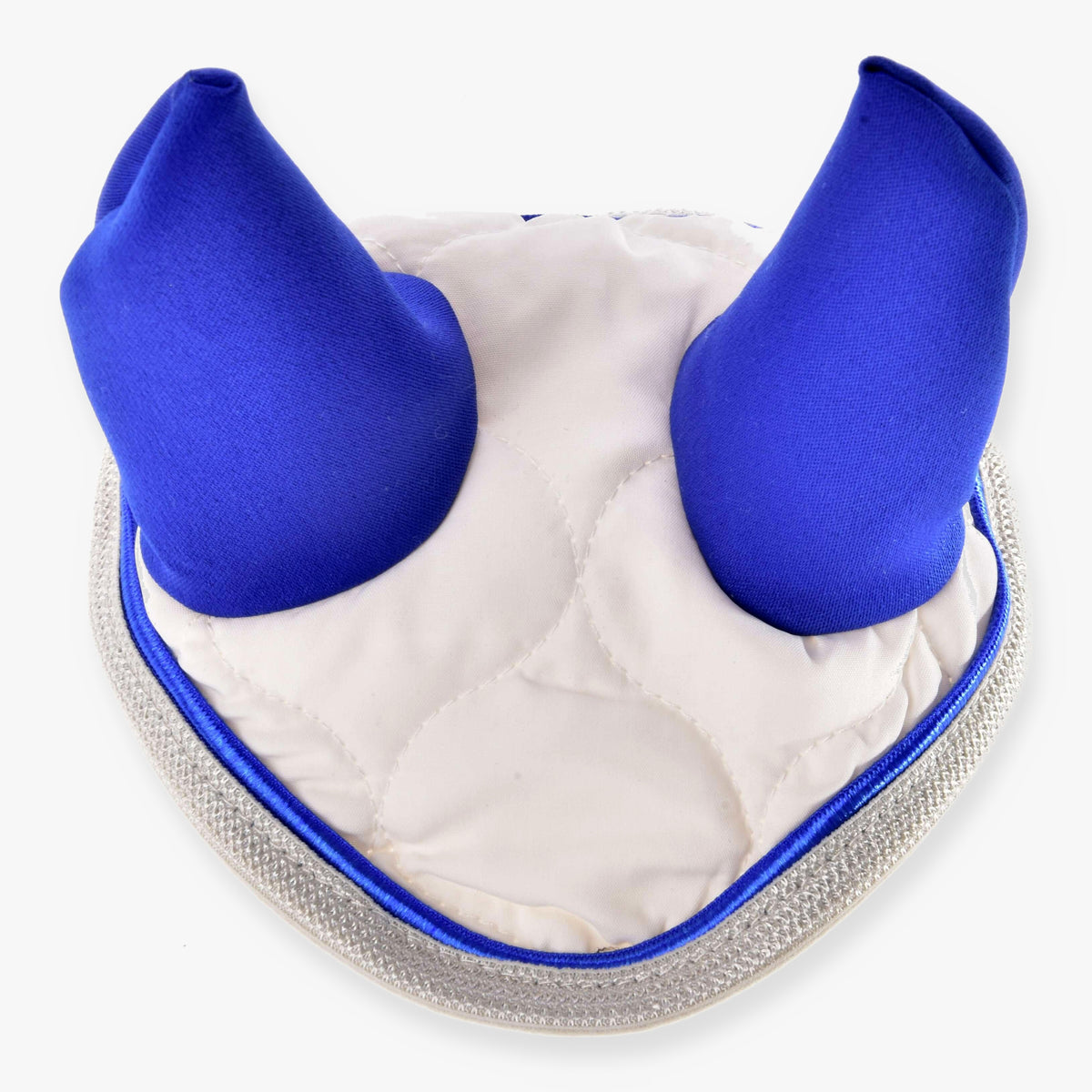 Bonnet d’oreilles Cream Pearl de LarDen pour Hobby Horse, matelassé crème, oreilles bleu roi, passepoil bleu et bord argent pailleté