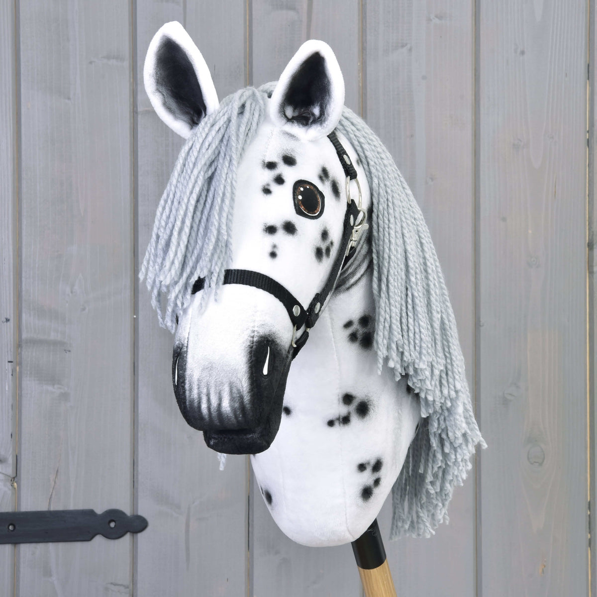 Vue de face du Hobby Horse Chantal avec toupet gris en fil, oreilles blanches à l’intérieur foncé et bout du nez ombré
