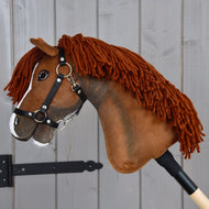Hobby Horse Cooper met zwart halster van opzij met gebogen hoofd, dikke koperkleurige manen over de bruine hals