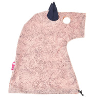 Cosmos protective suit laid flat from the side, pink paisley Lycra with a navy ear, eye opening and drawstring hem