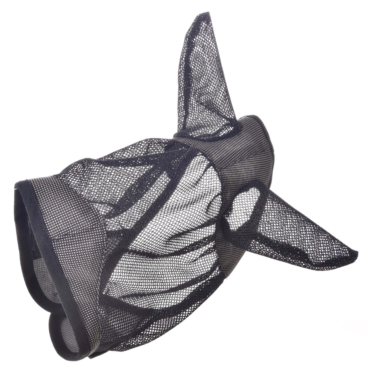 Masque anti-mouches De Luxe Gris pour Hobby Horse seul, vu de profil, tissu gris à bordure noire et oreilles pointues en maille