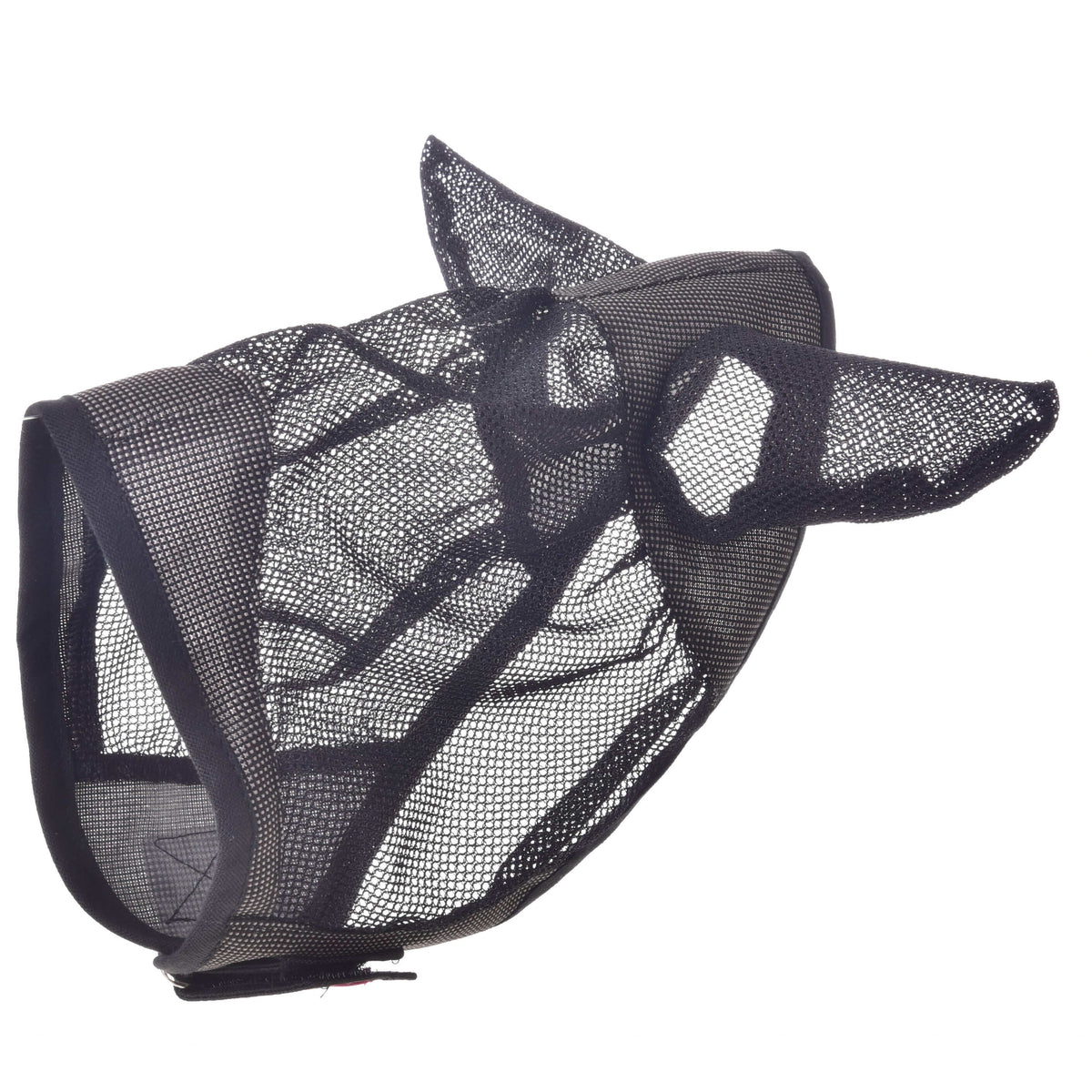 Masque anti-mouches De Luxe Gris pour Hobby Horse retourné pour montrer l’intérieur ouvert, la sangle de fermeture et les oreilles en maille