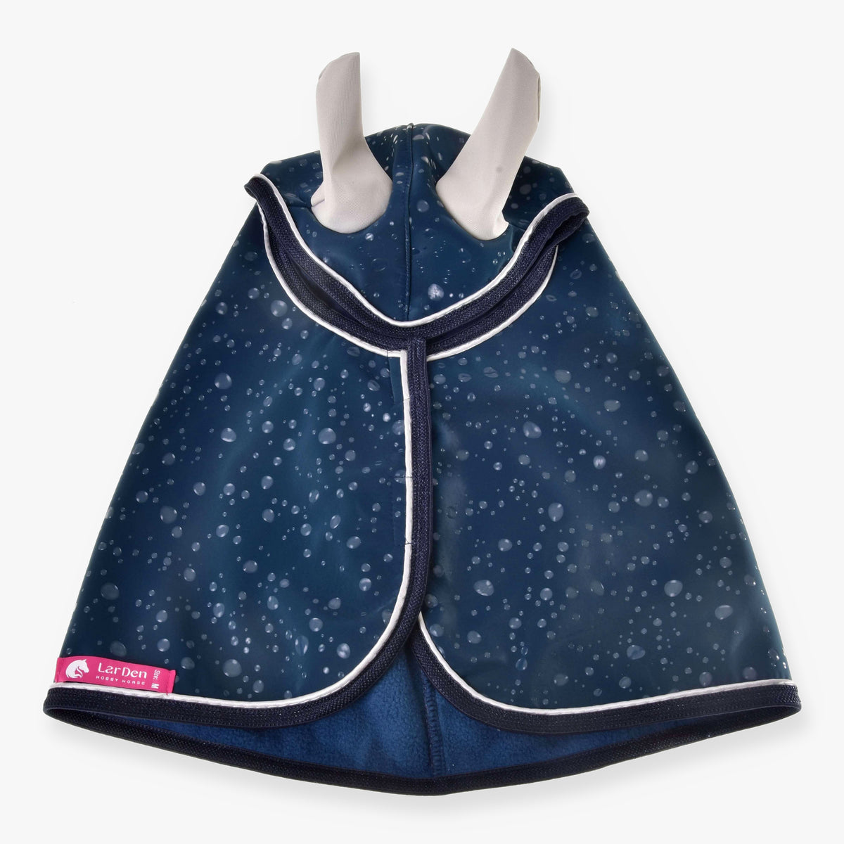 Hobby Horse Raincoat Derby by LarDen opened out from above, dark blue droplet print with light grey ears and a fleece lining