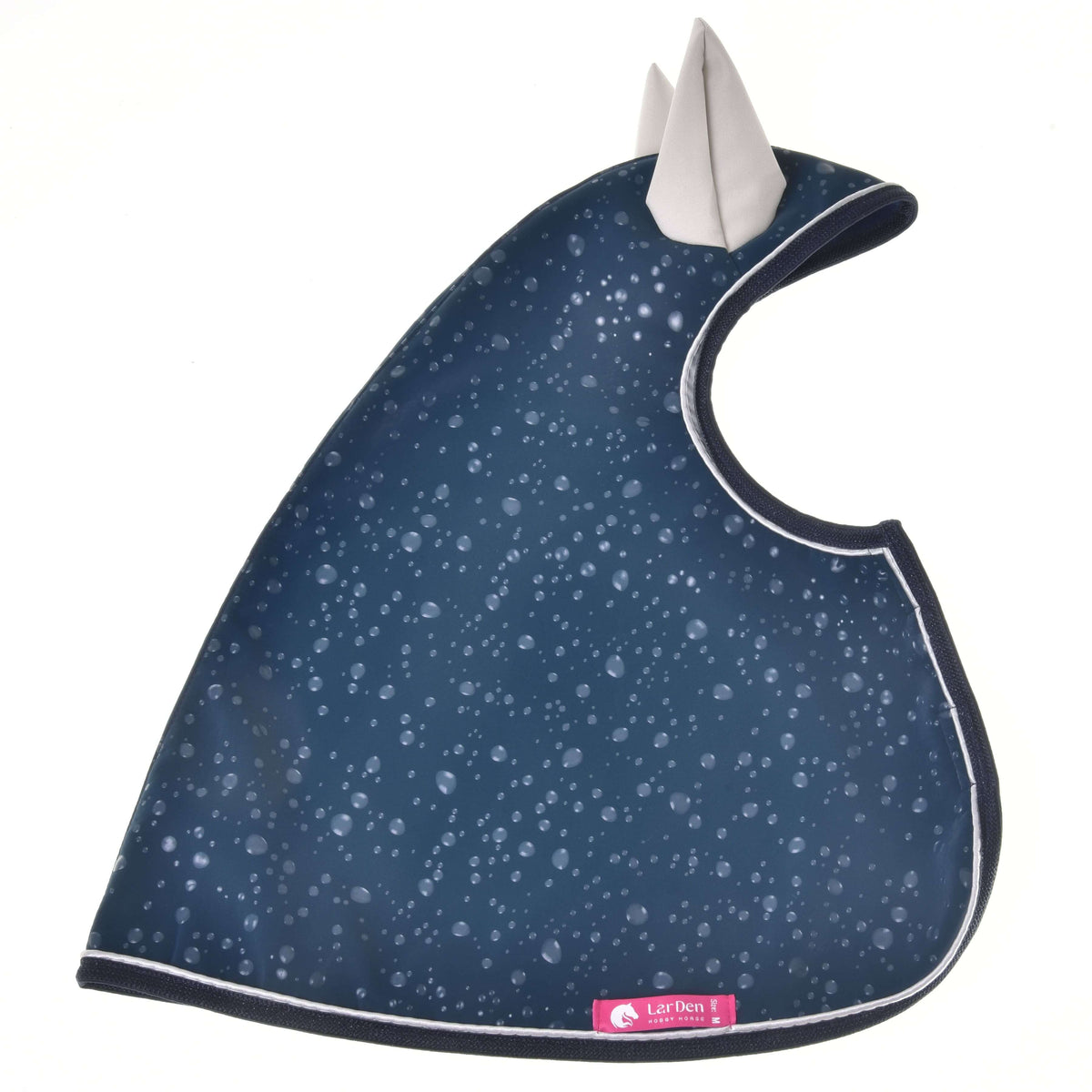 Hobby Horse Raincoat Derby laid flat, dark blue water droplet print with light grey ears and a pink label