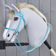 Hobby Horse Bridle with reins from strap turquoise by LarDen, worn on a light grey plush head with a blond mane
