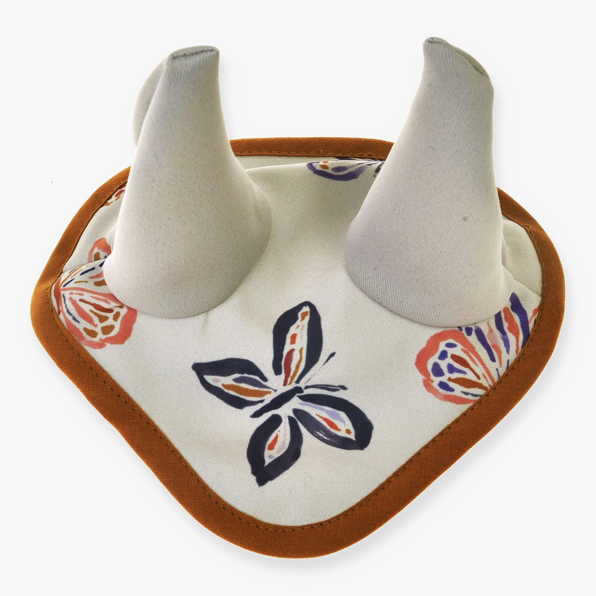 Hobby Horse Ear Bonnet Butterfly (softshell) by LarDen in cream with painted butterflies, cream ears and rust trim