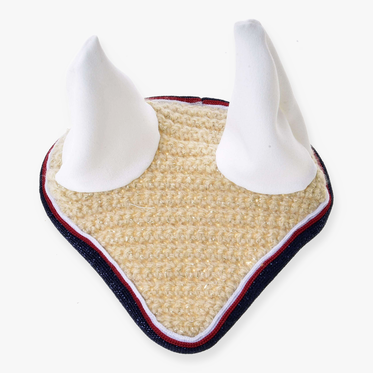 Hobby Horse Ear bonnet crocheted Nicol by LarDen in cream glitter yarn with white ears and a navy, red and white trim