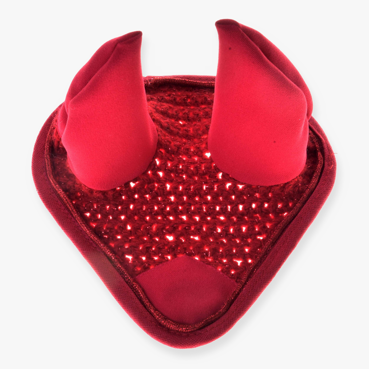 Hobby Horse Ear bonnet crocheted red by LarDen in sparkly red crochet with red fabric ears and red binding