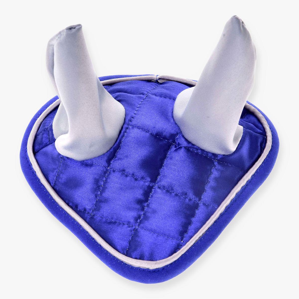 Oornetje DeLuxe Blue voor Hobby Horse van LarDen van glanzend koningsblauw doorgestikt satijn met zilvergrijze oren en grijze bies