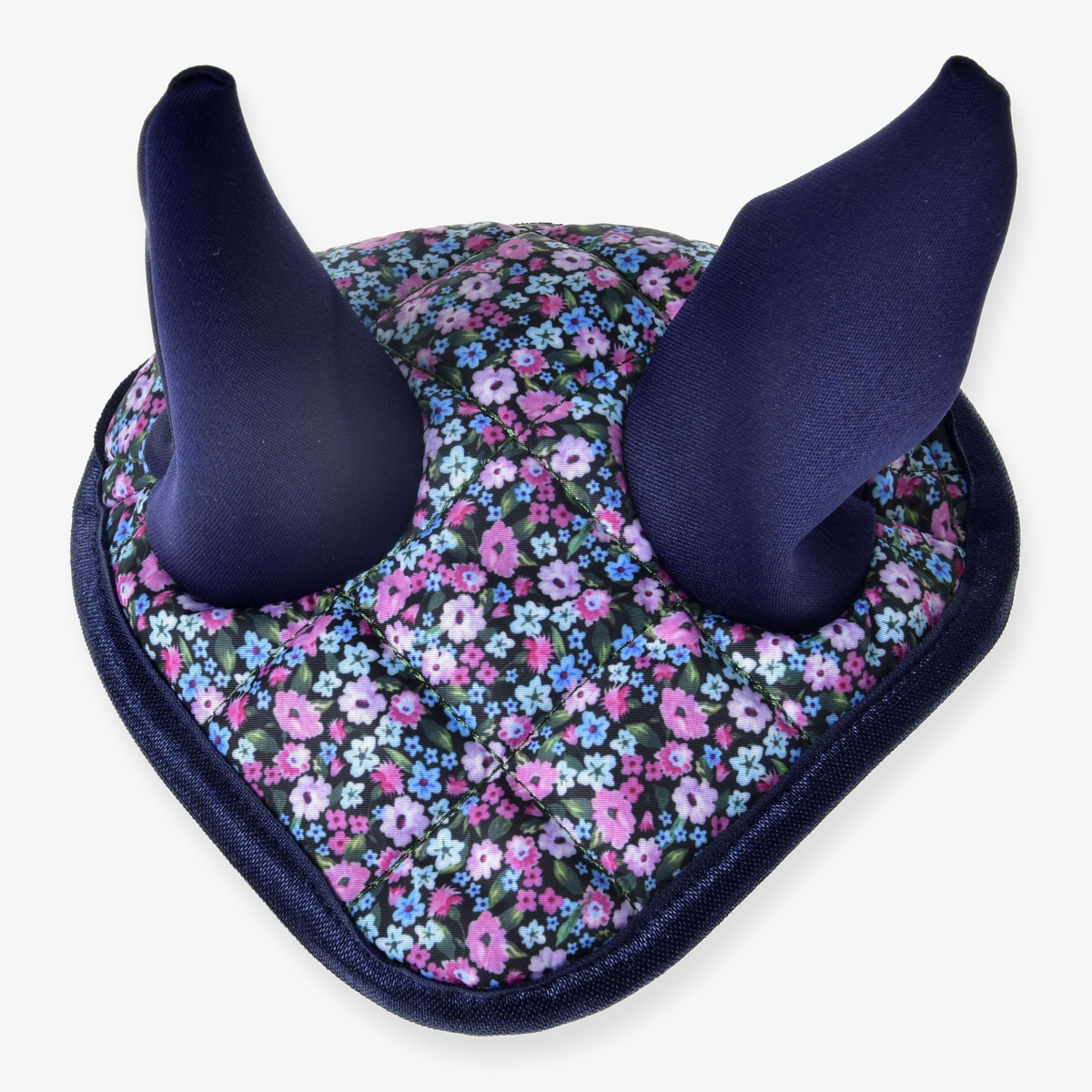 Hobby Horse Ear Bonnet Flower by LarDen with navy ears and a quilted top in small pink, purple and blue flowers