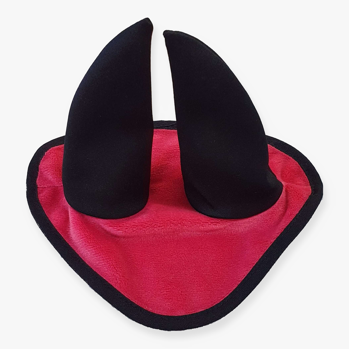 Hobby Horse Ear Bonnet Raspberry by LarDen in raspberry pink plush with black trim and two black ear covers