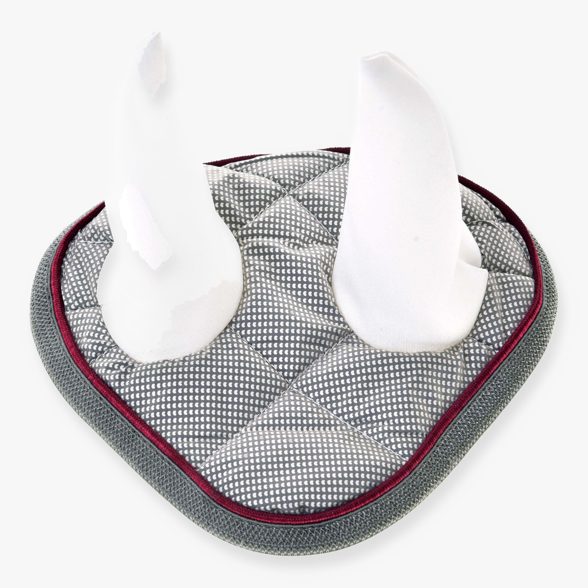 Hobby Horse Ear Bonnet Silver Eleganza by LarDen, quilted silver grey ear bonnet with raspberry piping and white ears